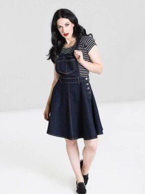 Hell Bunny Dakota Dark Denim Pinafore Dress US 14